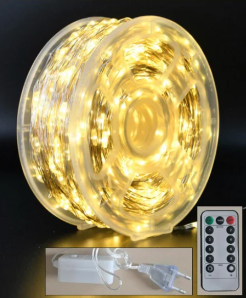 Гирлянда Роса 1000 LED 100 м реле 8 режимов/пульт Теплый белый (FFJ00123)