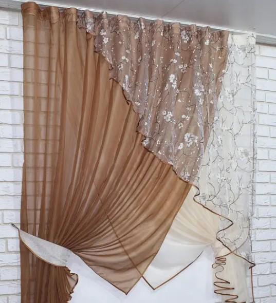 Комплект штор на кухню 300х170 см Коричневый/Бежевый (063к 6)