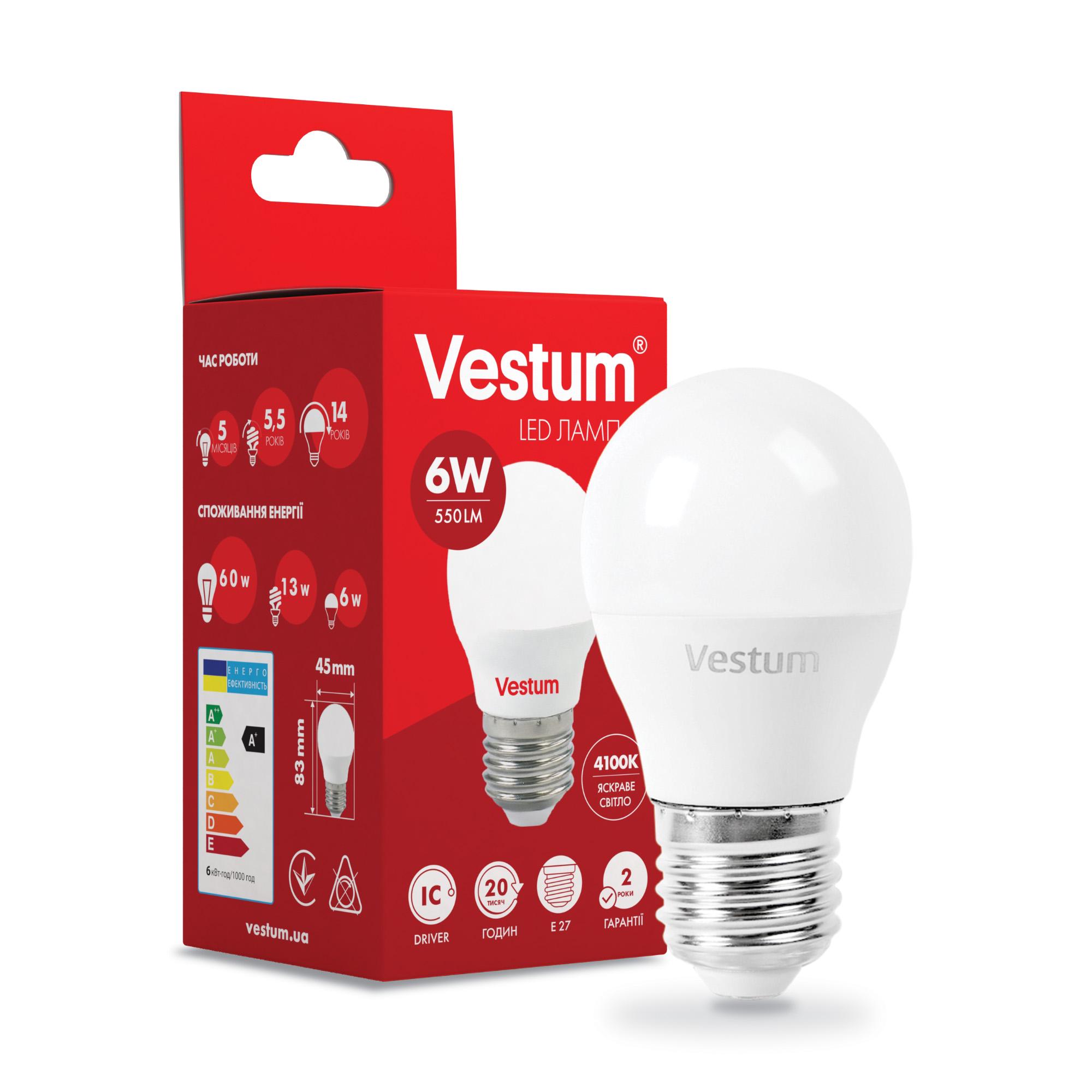 Лампа LED Vestum G45 6 W 4100K 220 V E27