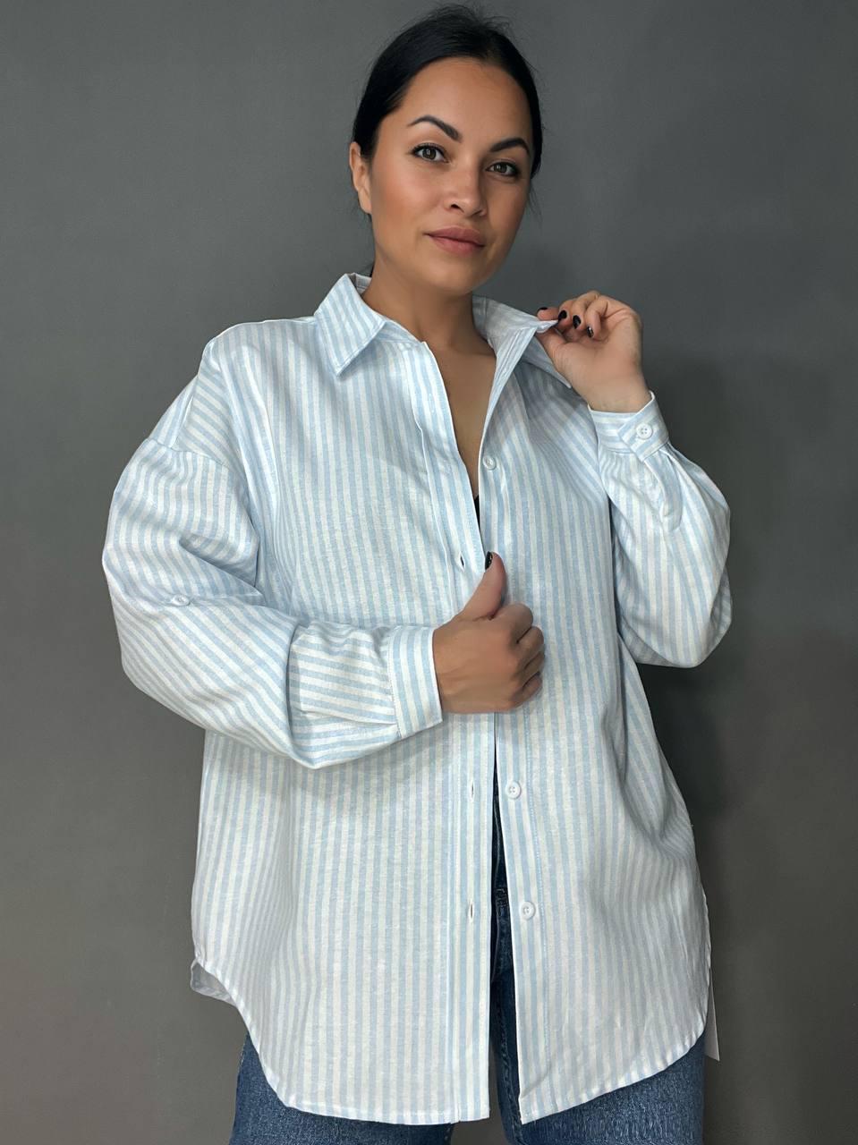 Рубашка женская AN 25130-1 в полоску оверсайз хлопчатобумажная OS Голубой (26852061)