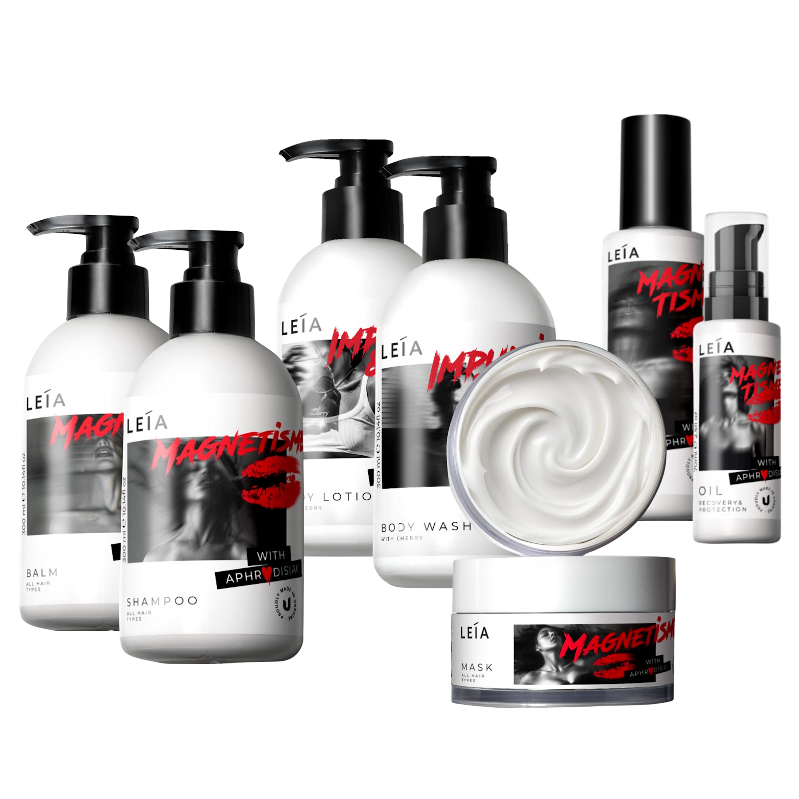 Набір догляду за волоссям та тілом Leia SET 12 гель 300 мл/лосьйон 300 мл/шампунь 300 мл/кондиціонер 300 мл/маска 200 мл/спрей 150 мл/олія 70 мл
