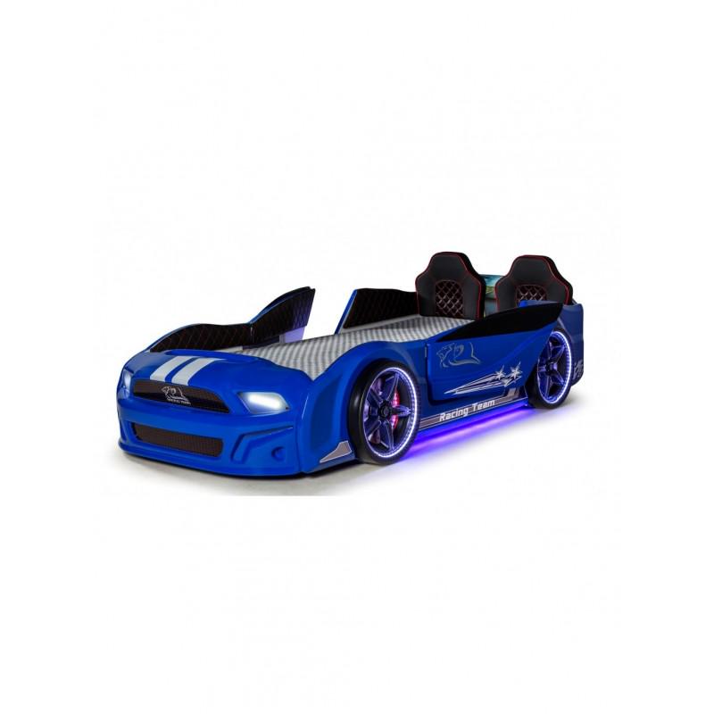 Кровать-машина Super Car Мустанг с кожаными сиденьями и звуковыми эффектами/пульт ДУ Синий
