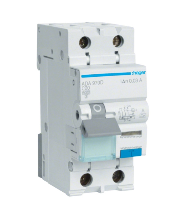 Дифференциальный выключатель Hager 1P+N 6kA C-20A 30mA (ADA970D)