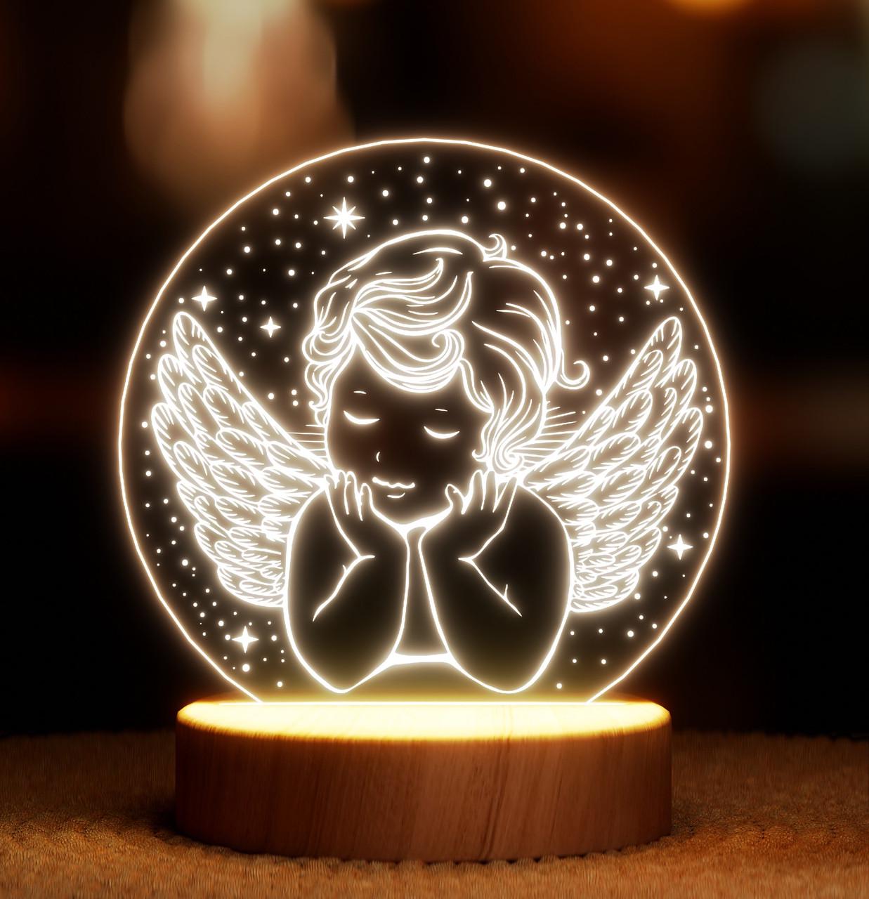 Ночник-светильник Lampic Ангелочек USB дерево/акрил 15х18 см Желтый (32377438)