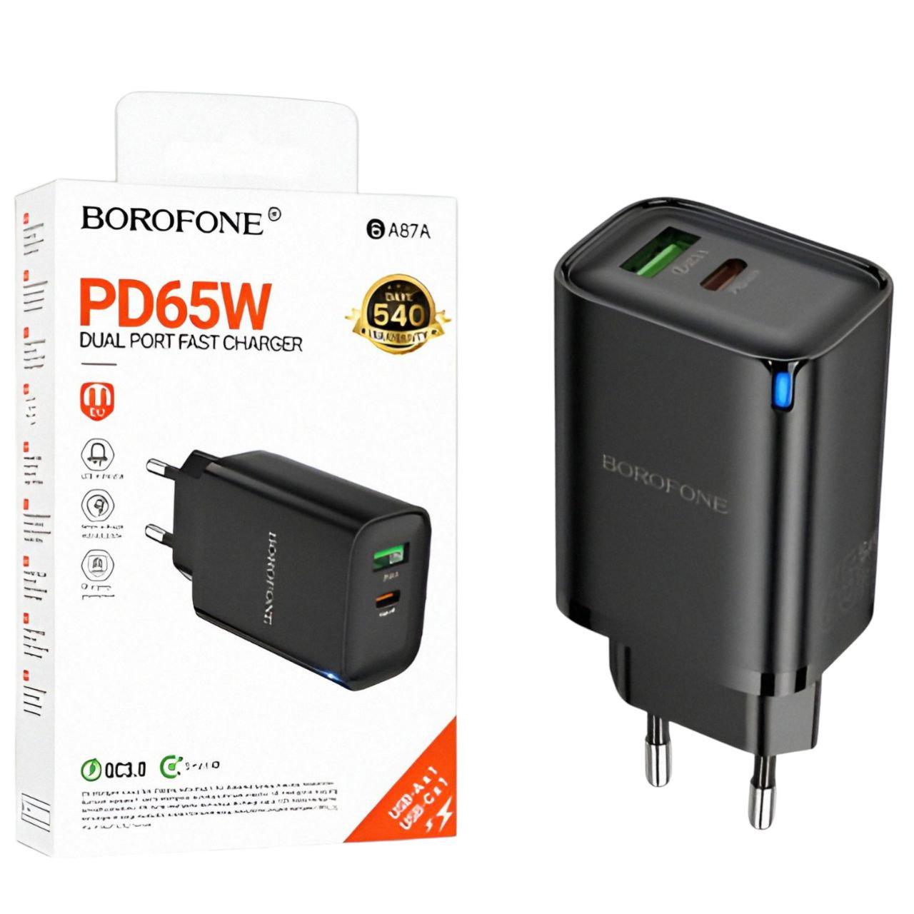 Зарядний пристрій Borofone BA87A USB-A та USB-C PD65W підтримка Quick Charge 3.0 Чорний (25547418)