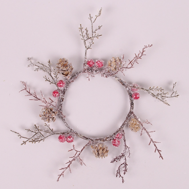 Вінок новорічний засніжений з червоними ягідками 25 см (75867)