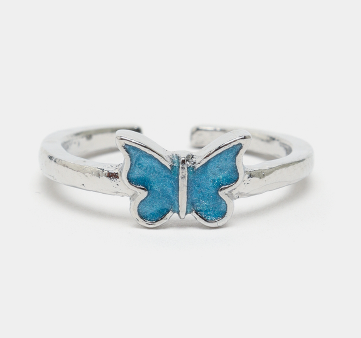 Кольцо узкое серебристое с голубой бабочкой One size (4C-0-1651)