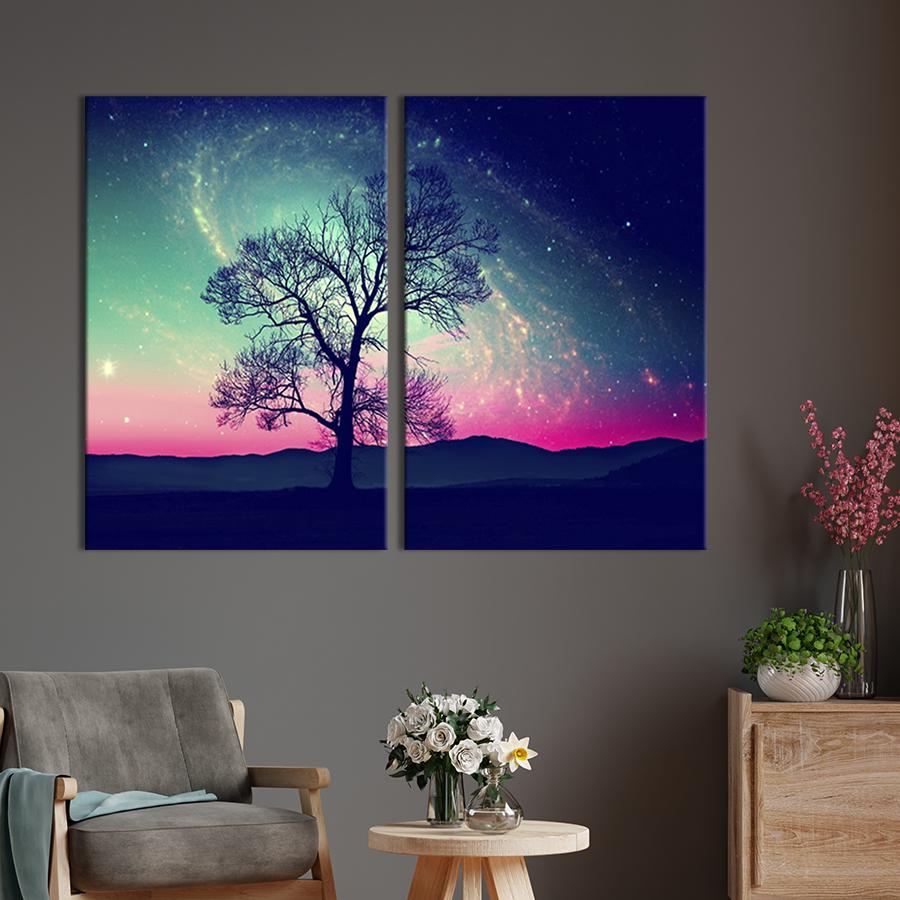 Модульная картина на холсте Диптих Дерево на фоне космического пейзажа 165x122 см (591-2)