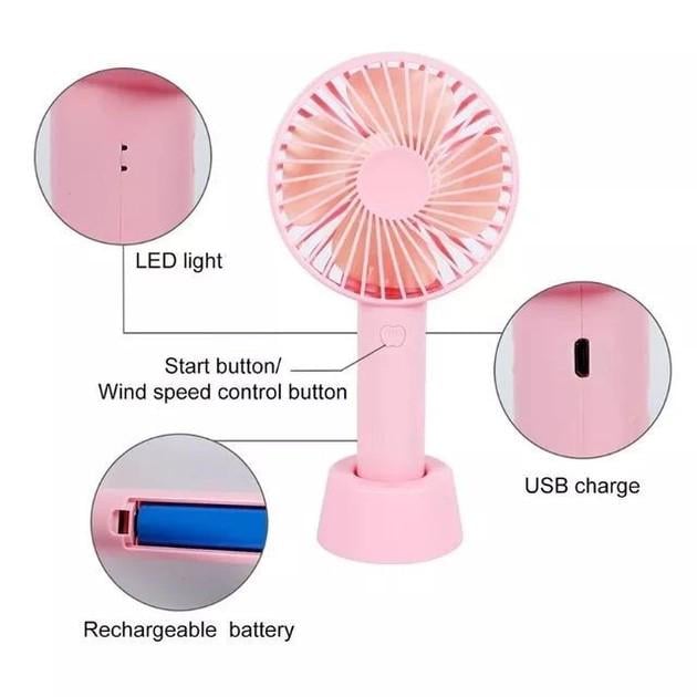 Вентилятор ручной аккумуляторный Portable Fan с подставкой и USB-зарядкой Pink (54522P) - фото 3