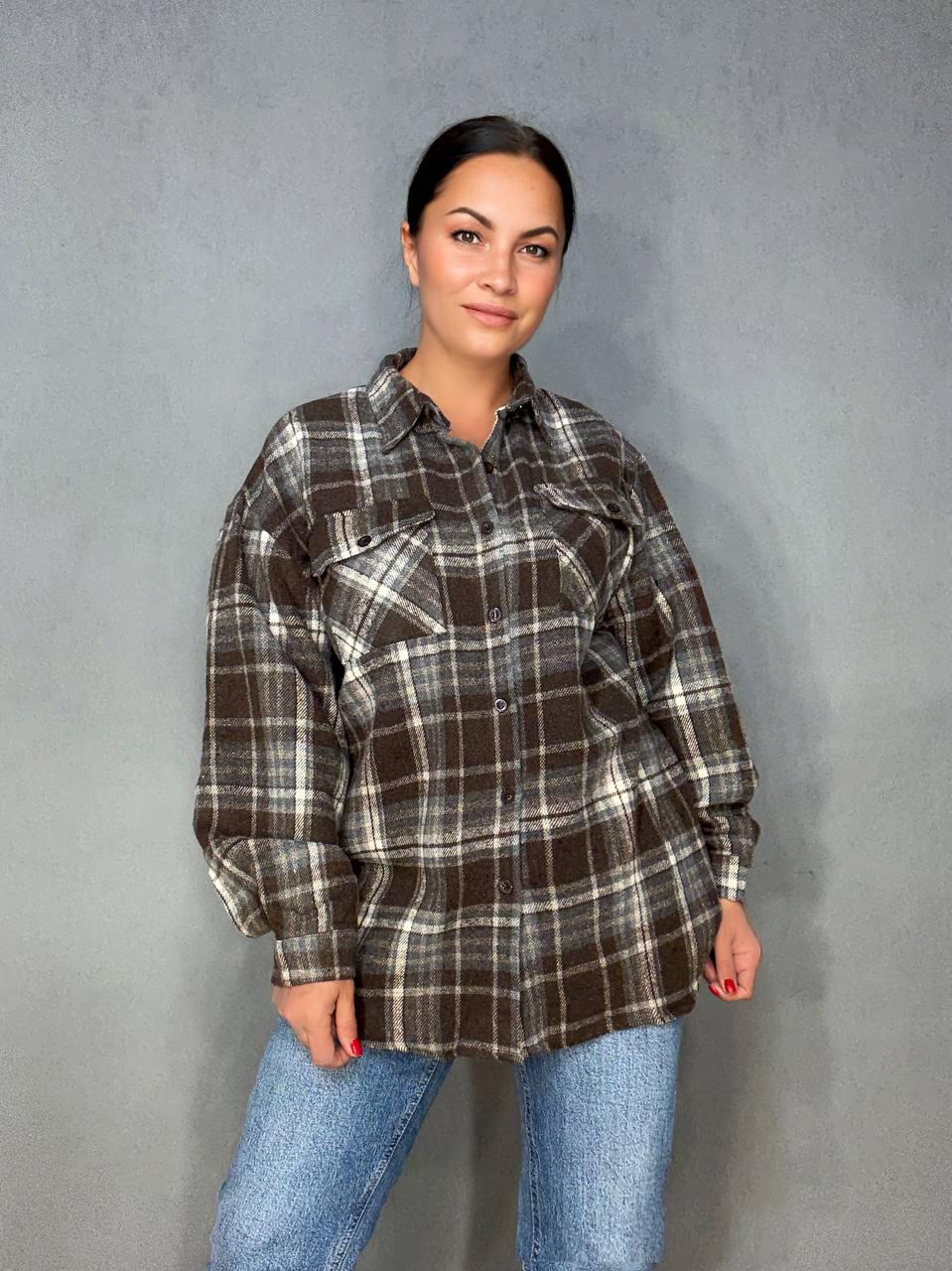 Сорочка жіноча YZY 223 картата оверсайз тепла байка OS Коричневий (5402) - фото 1 Сорочка жіноча YZY 223 картата оверсайз тепла байка OS Коричневий (5402) - фото 1