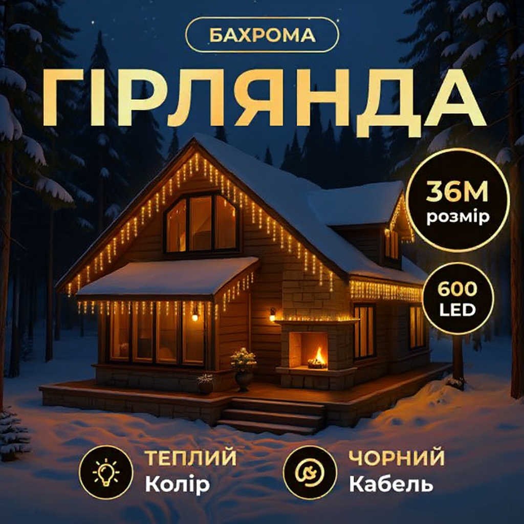 Гірлянда мережна Бахрома вулична 36 м 600 LED діодів від мережі чорна нитка Теплий жовтий (36МBY) - фото 2