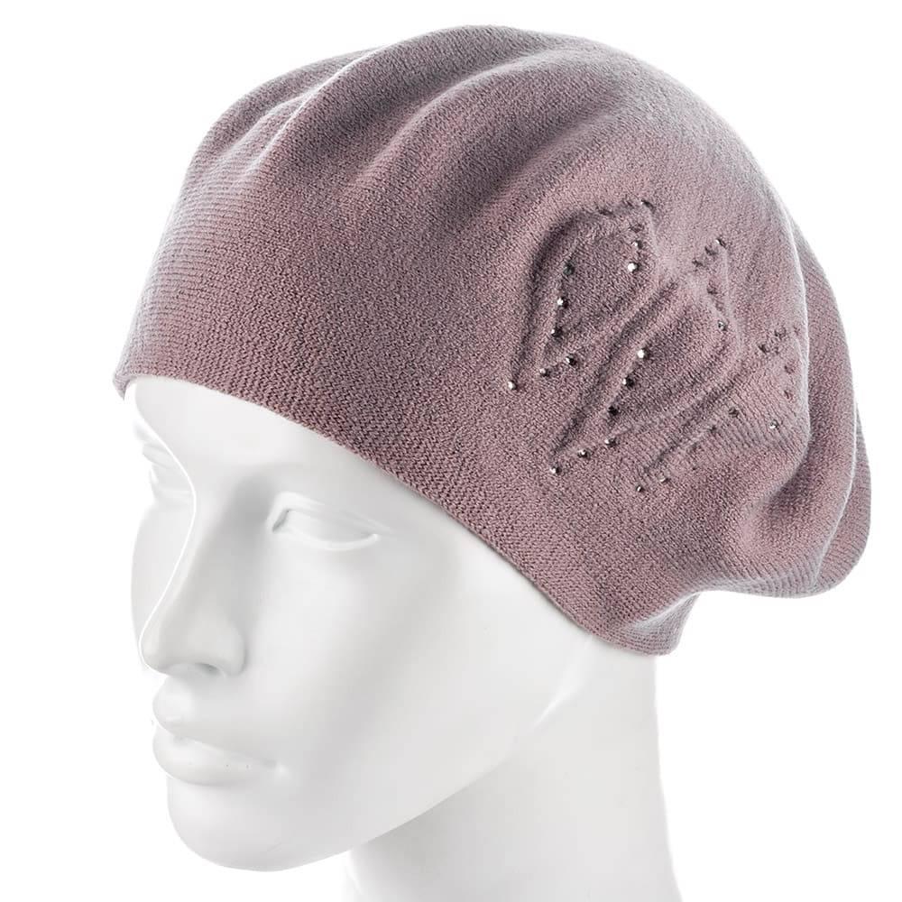 Берет женский Zolly ZH219 со стразами тонкой вязки полушерстяной Темно-пудровый