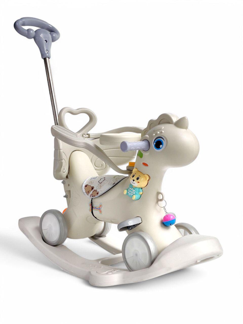 Каталка качалка беговел 3в1 с родительской ручкой и 4 колесами Pony Ride Конек 811 Бежевый (811r-s)