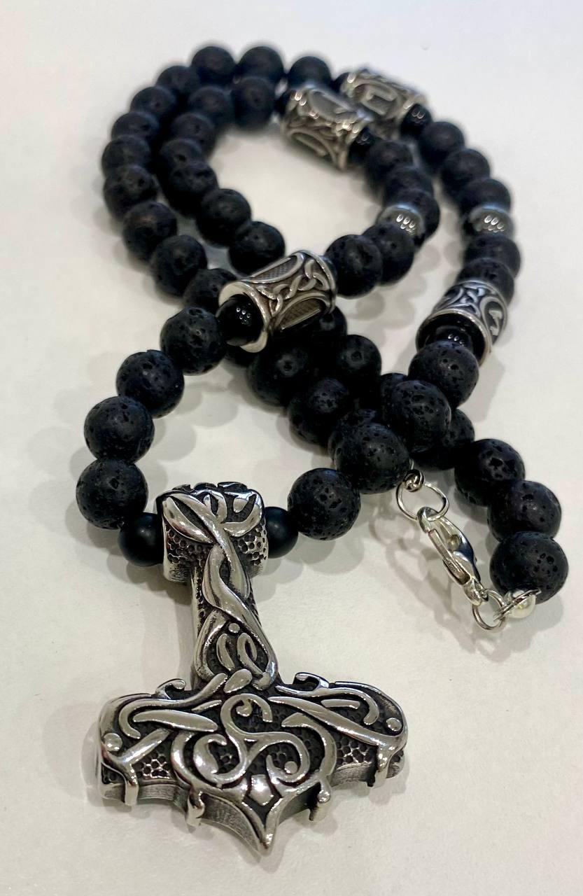 Кольє оберіг LITAURS натуральне лавове каміння кулон молот Тора руни (250404)