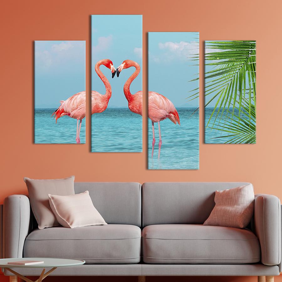 Модульная картина из четырех частей на холсте интерьерная картина Влюбленные розовые фламинго 129x90 см (187-42)