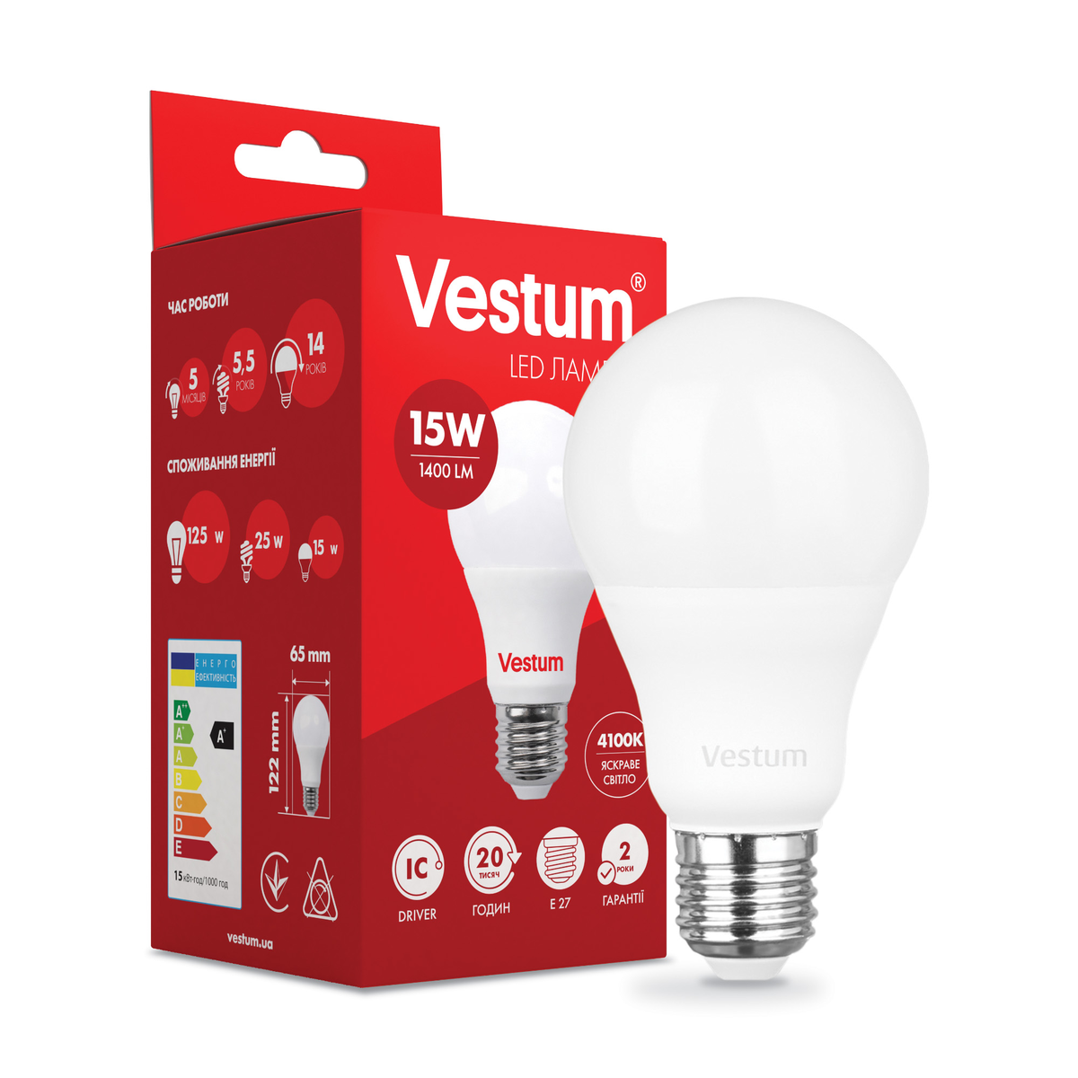 Лампа Vestum A65 15W 4100K 220V E27 світлодіодна