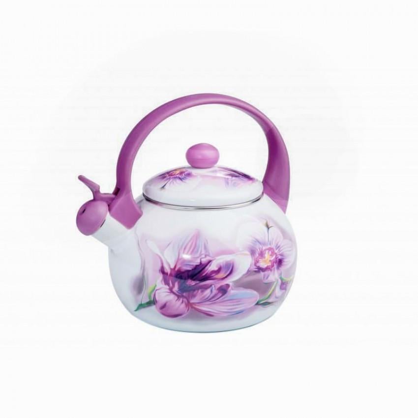 Чайник эмалированный со свистком Zauberg 82626 Pink Handle Орхидея 2,2 л (1183190248)