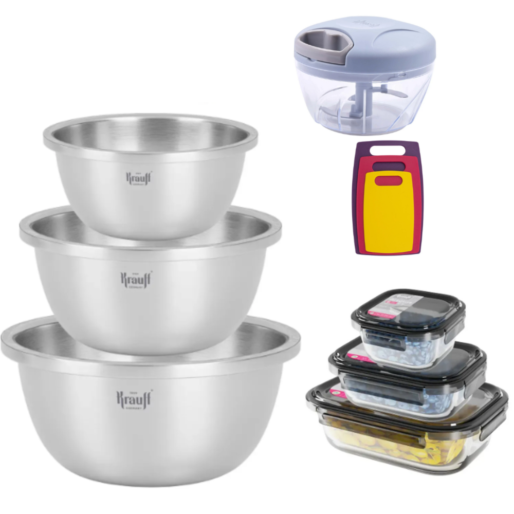 Набір мисок з нержавіючої сталі Krauff зі скляними контейнерами/подрібнювачем та кухонними дошками (28481)