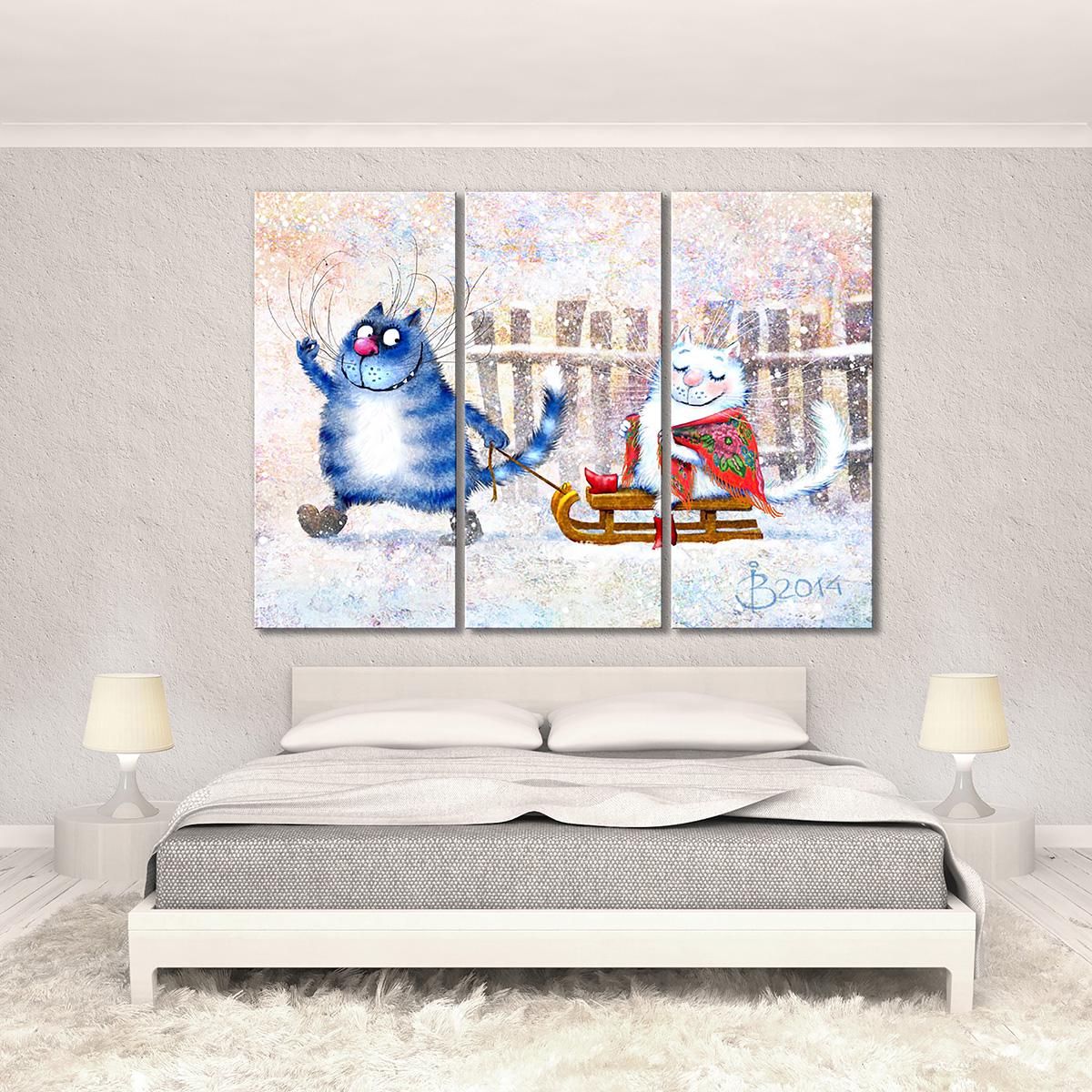 Модульная картина Прогулка на санках 3 модуля 90x135 см