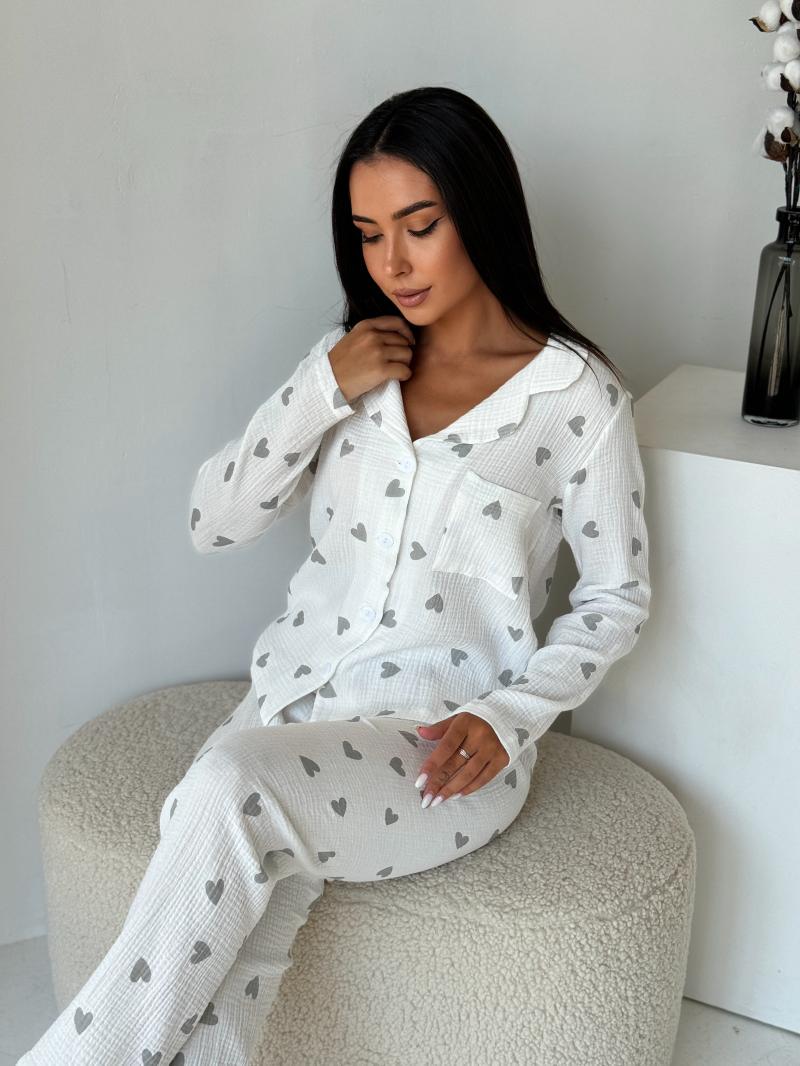 Піжамний набір зі штанами мусліновий M Сіре сердечко (MR26467771) - фото 3