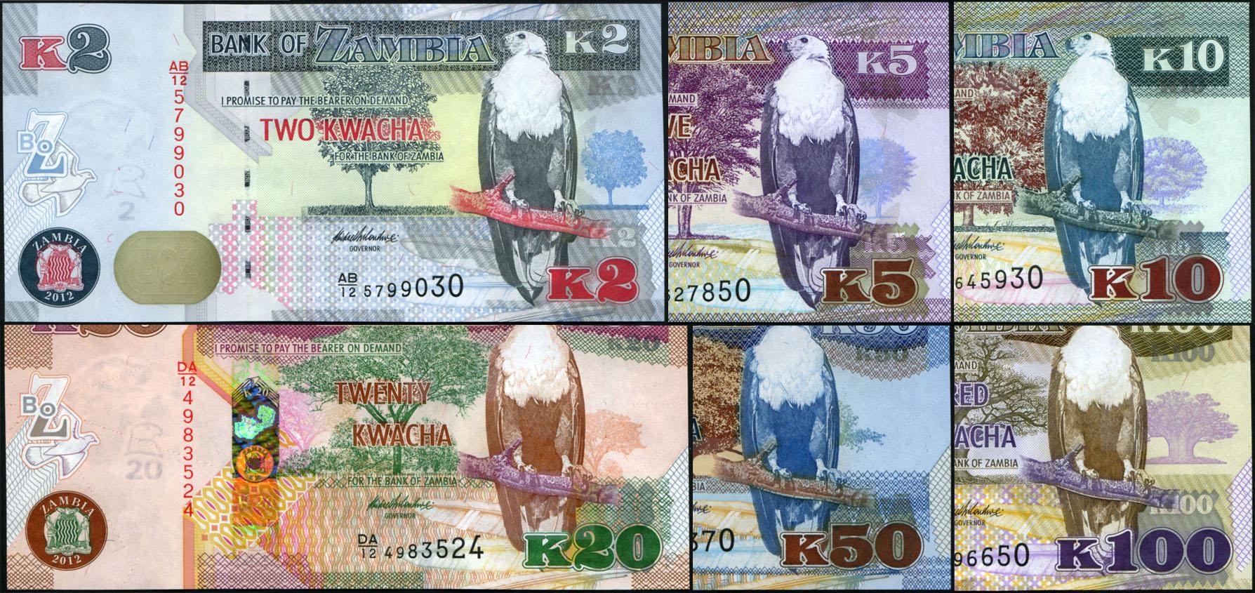 Коллекционная банкнота Замбия 2012 Комплект 2 5 10 10 20 50 100 квач