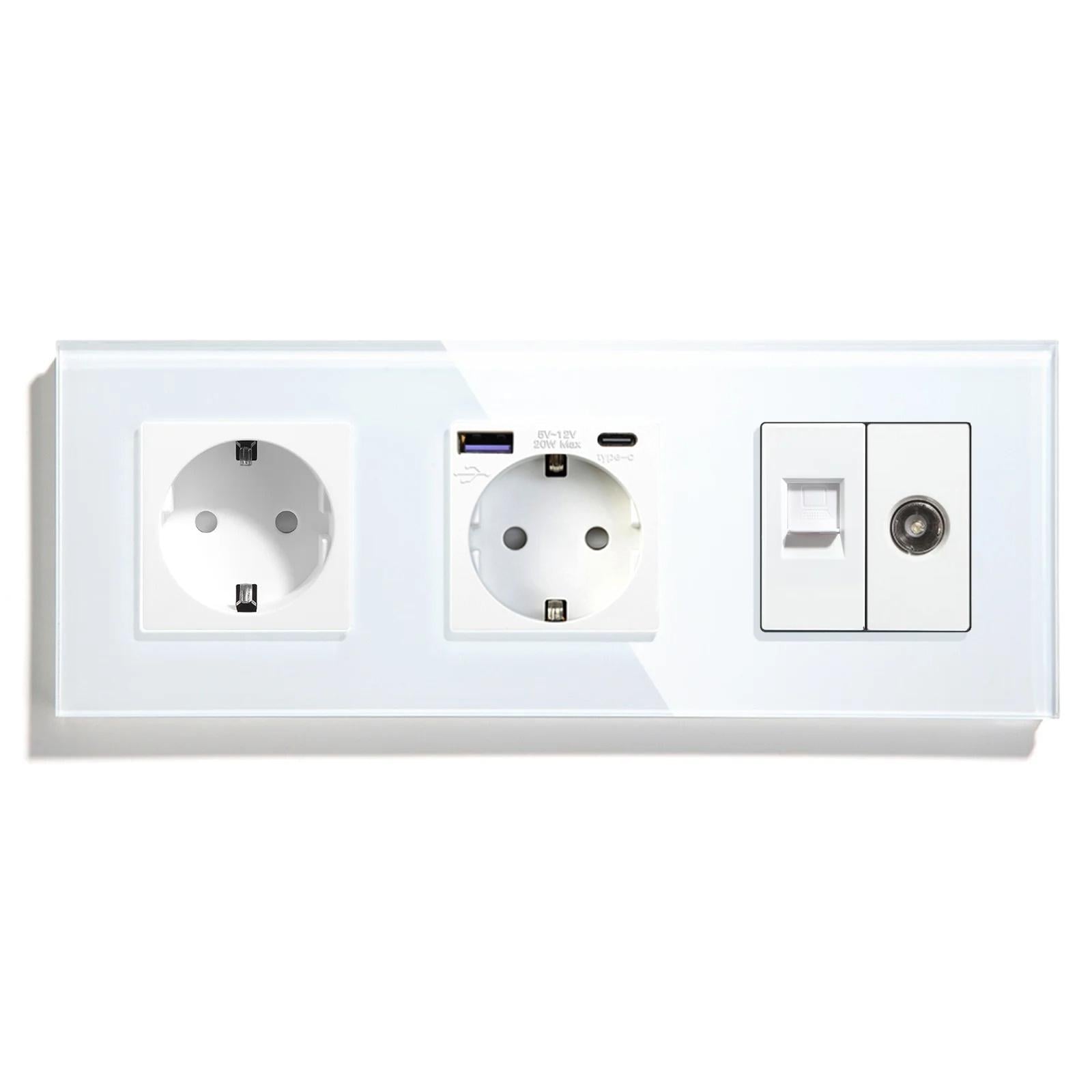 Розетка LUXION с USB 20Вт интернет RJ-45/ТВ выходом с заземлением/шторками 250В 16А стеклянная рамка Белый (LX-M3FGACCAT6PTY-WT)