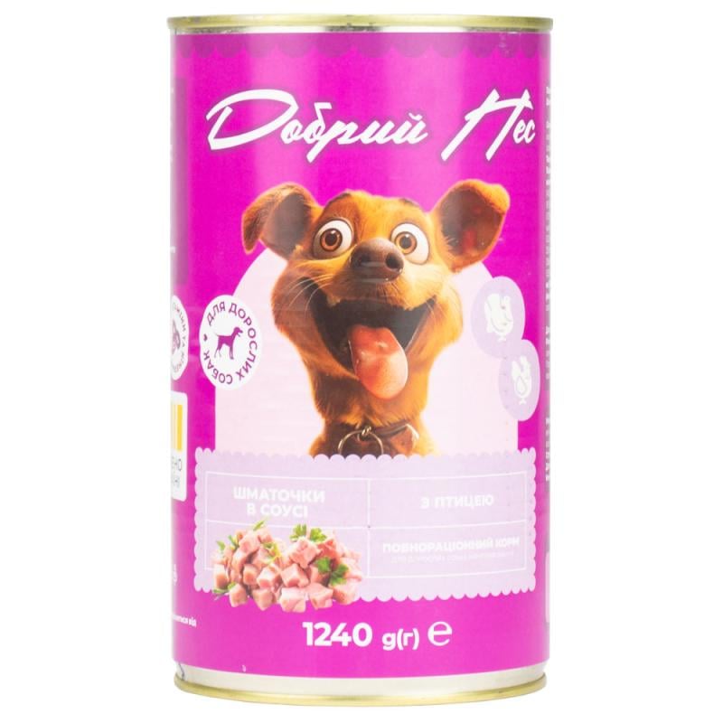 Корм вологий для собак Добрий Пес Шматочки з птицею в соусі 1240 г (87) Корм вологий для собак Добрий Пес Шматочки з птицею в соусі 1240 г (87)
