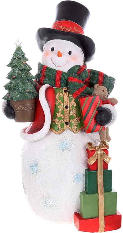 Фигура новогодняя Снеговик с подарками с LED подсветкой искусственный камень 80 см