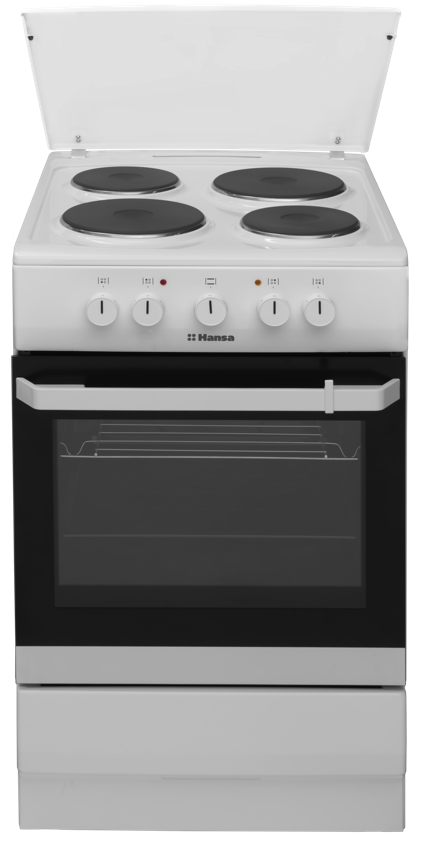 Плита электрическая Hansa FCEW53001, White, механическое, обычная спираль, 4 электрических конфорки, объем духовки 69 л, верхний нагрев, нижний нагрев, освещение, 85x50x60 см