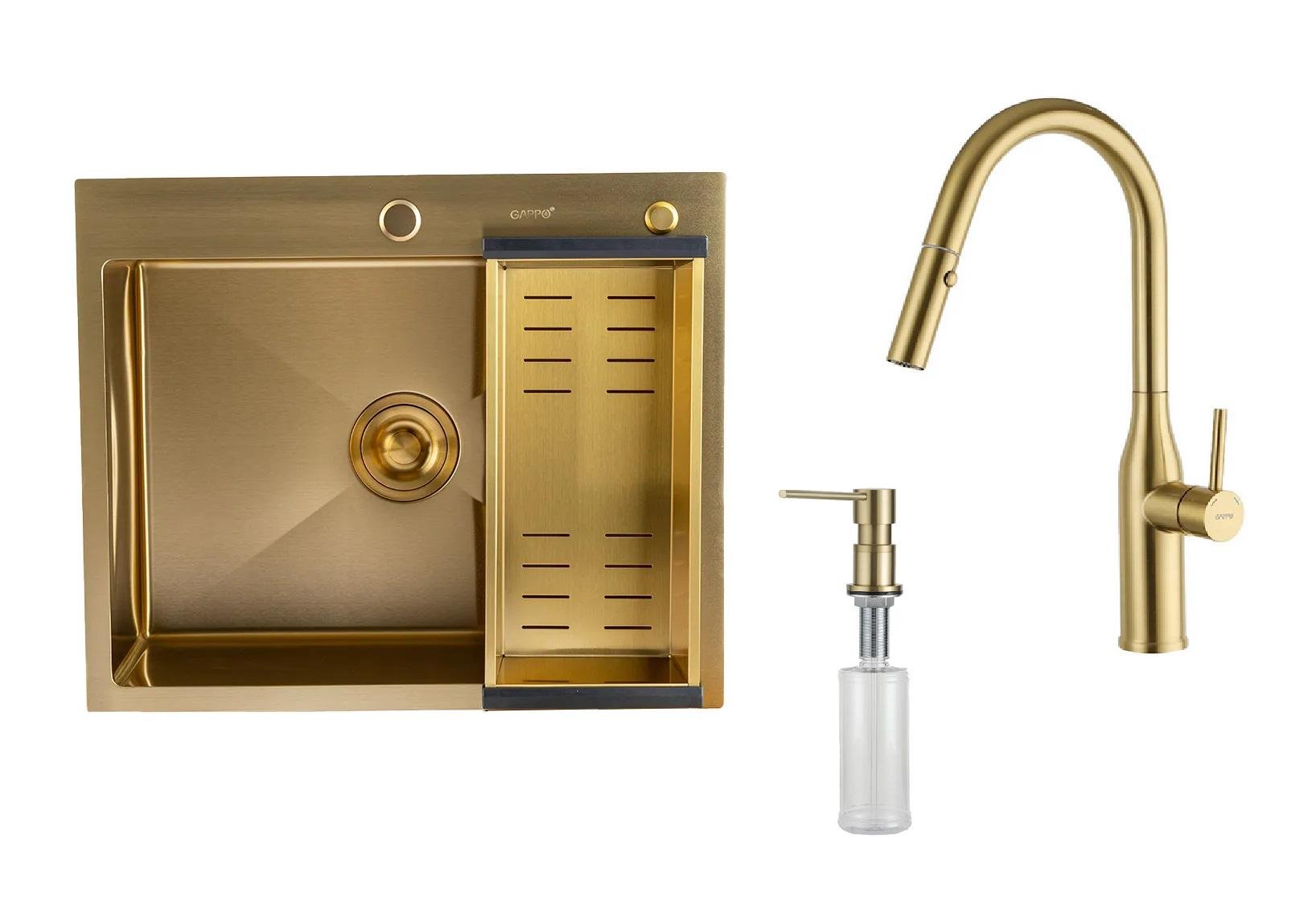 Мийка кухонна Gappo 60/50 з нержавіючої сталі із змішувачем дозатором та кошиком Золотий (601055888)