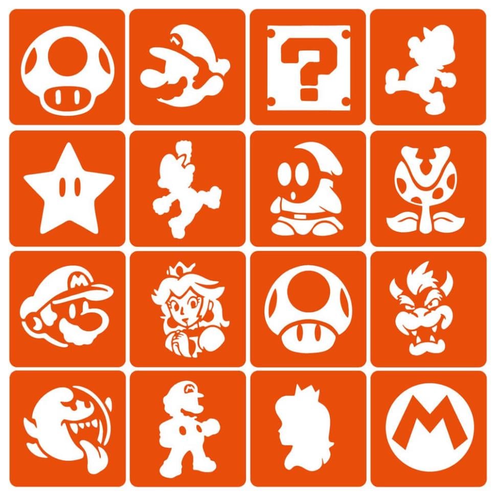 Набор трафаретов для биотату Fresh Tattoo Super Mario 60х60 мм 16 шт. Оранжевый (RN-250-N-2667)