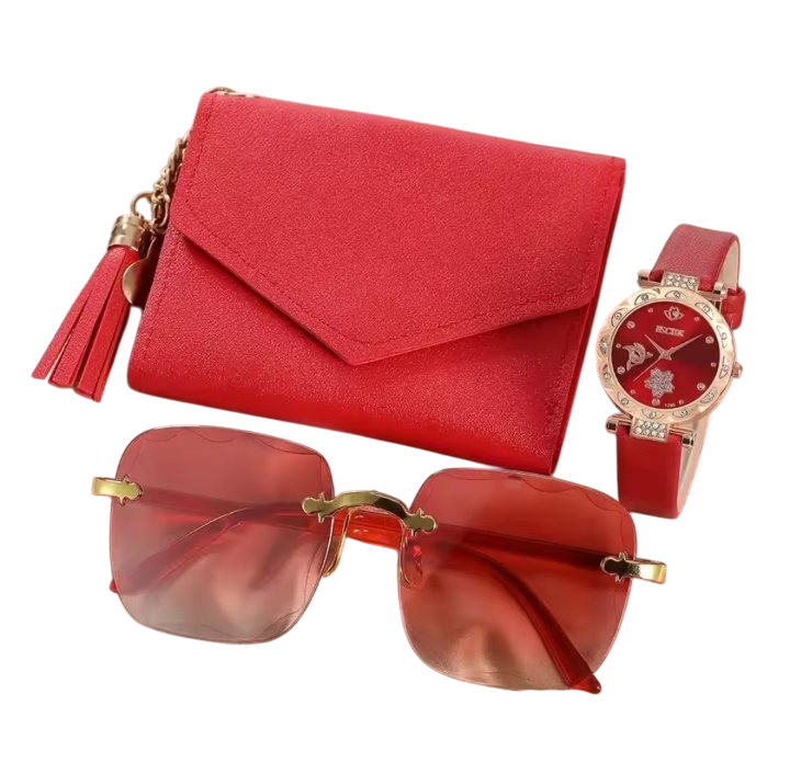 Набор подарочный женский наручные часы/очки/кошелек 3в1 Красный (367)