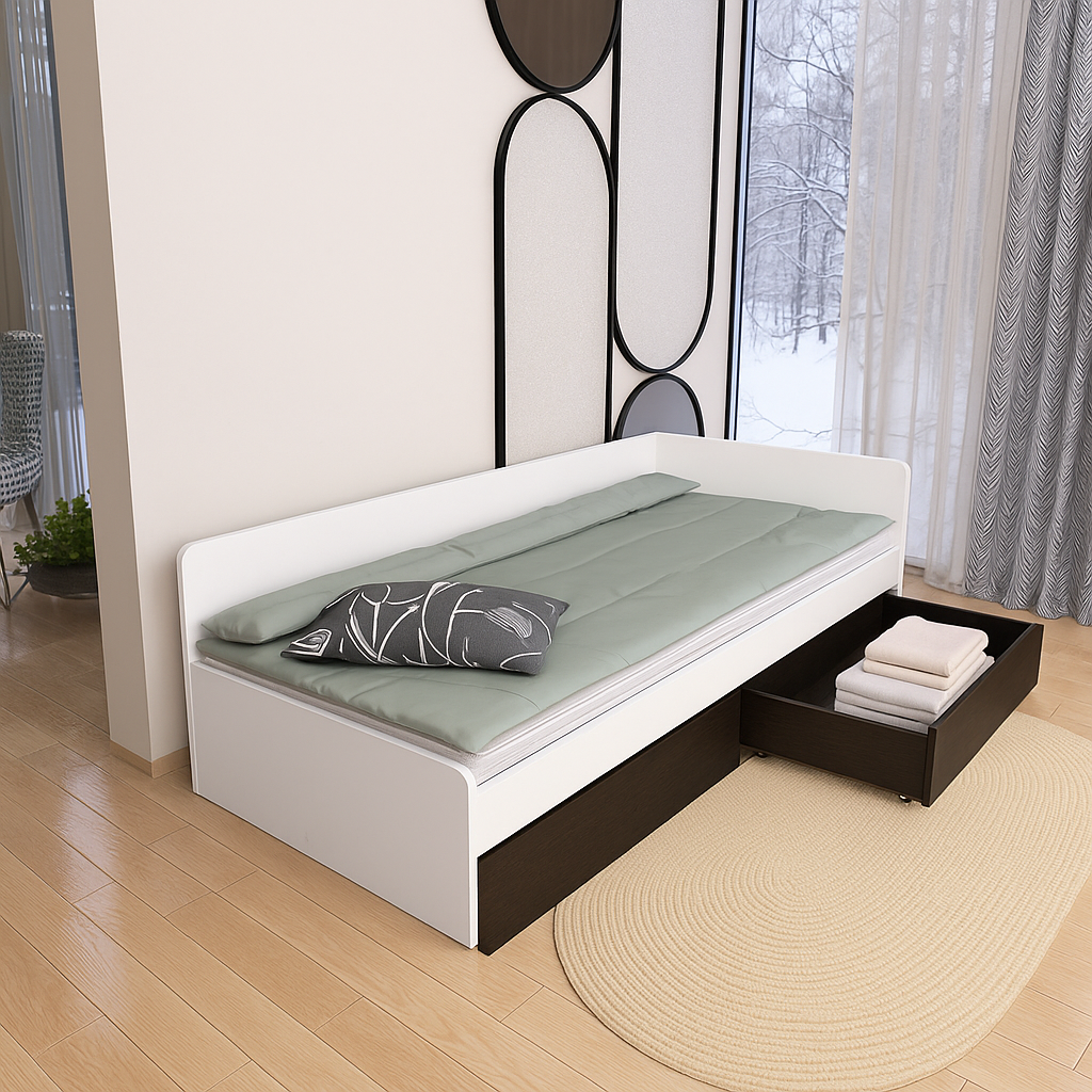 Кровать детская с ящиками Еверест 800 ЩИТ ДСП Белый/Венге (е-207457)