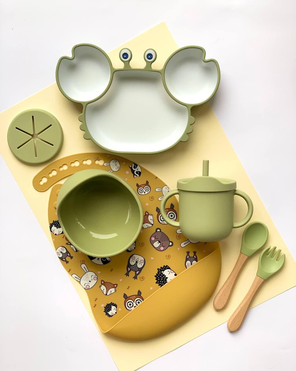Набор детской силиконовой посуды для прикорма на присосках 6 пр. Оливковый (2585)