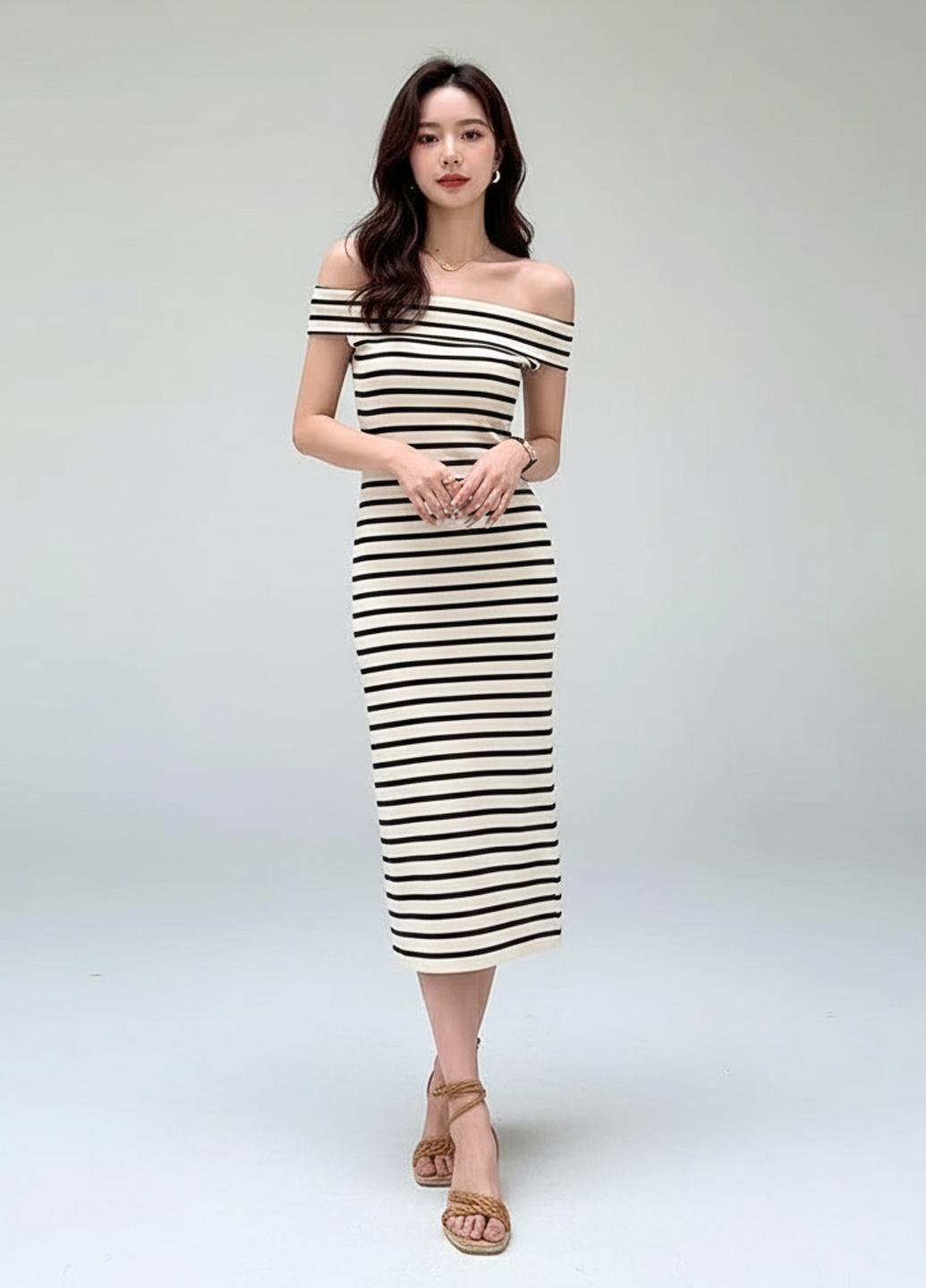 Платье миди летнее полосатое с открытыми плечами M (JH-25) - фото 2 Платье миди летнее полосатое с открытыми плечами M (JH-25) - фото 2