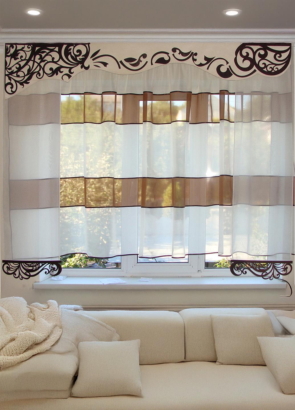 Комплект гардин до подоконника и жесткий ламбрекен Firanka Style 200 см Молочный с венге (79_2к)