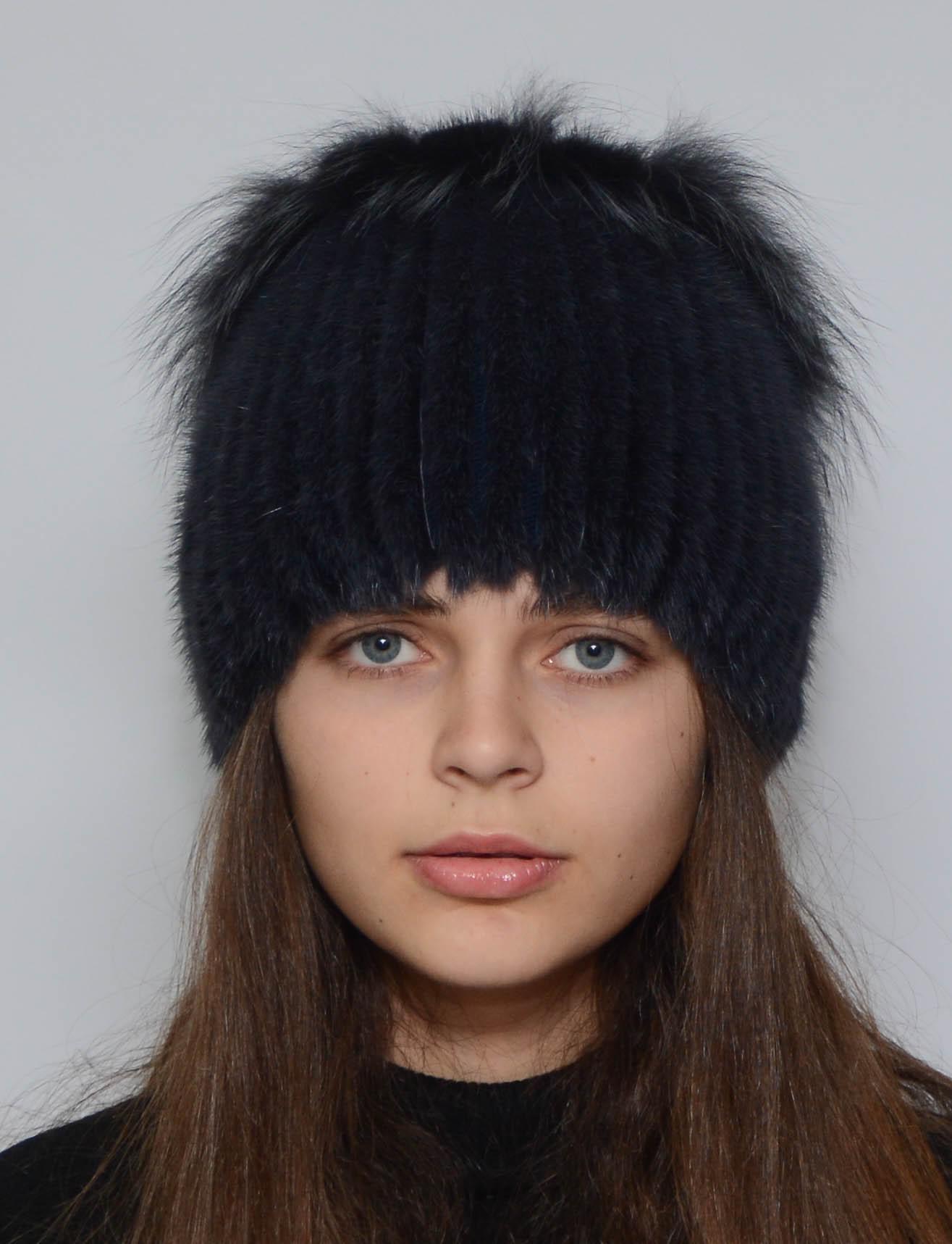 Зимова шапка із в'язаної норки Хутряний стиль Петлі натуральне хутро M-L Темно-синій (101/D)