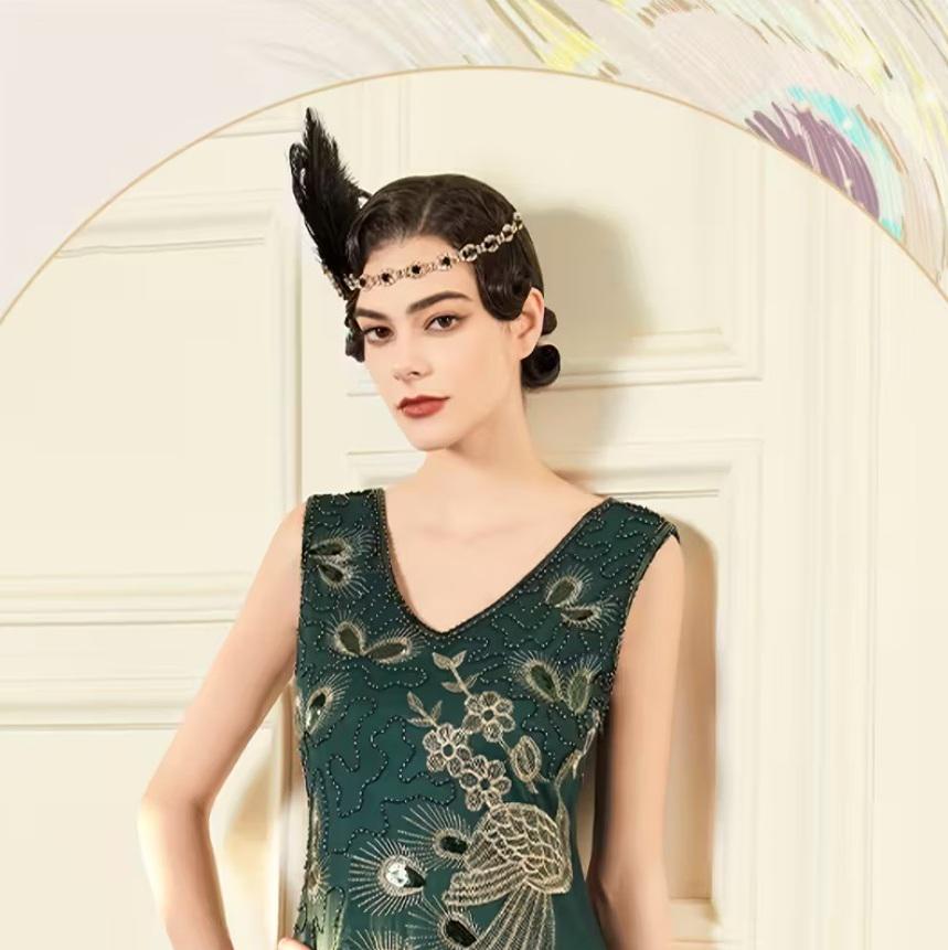 Набір прикрас у стилі Great Gatsby пов’язка з павиним пір’ям/перли/сережки Зелений (2762726149) - фото 3