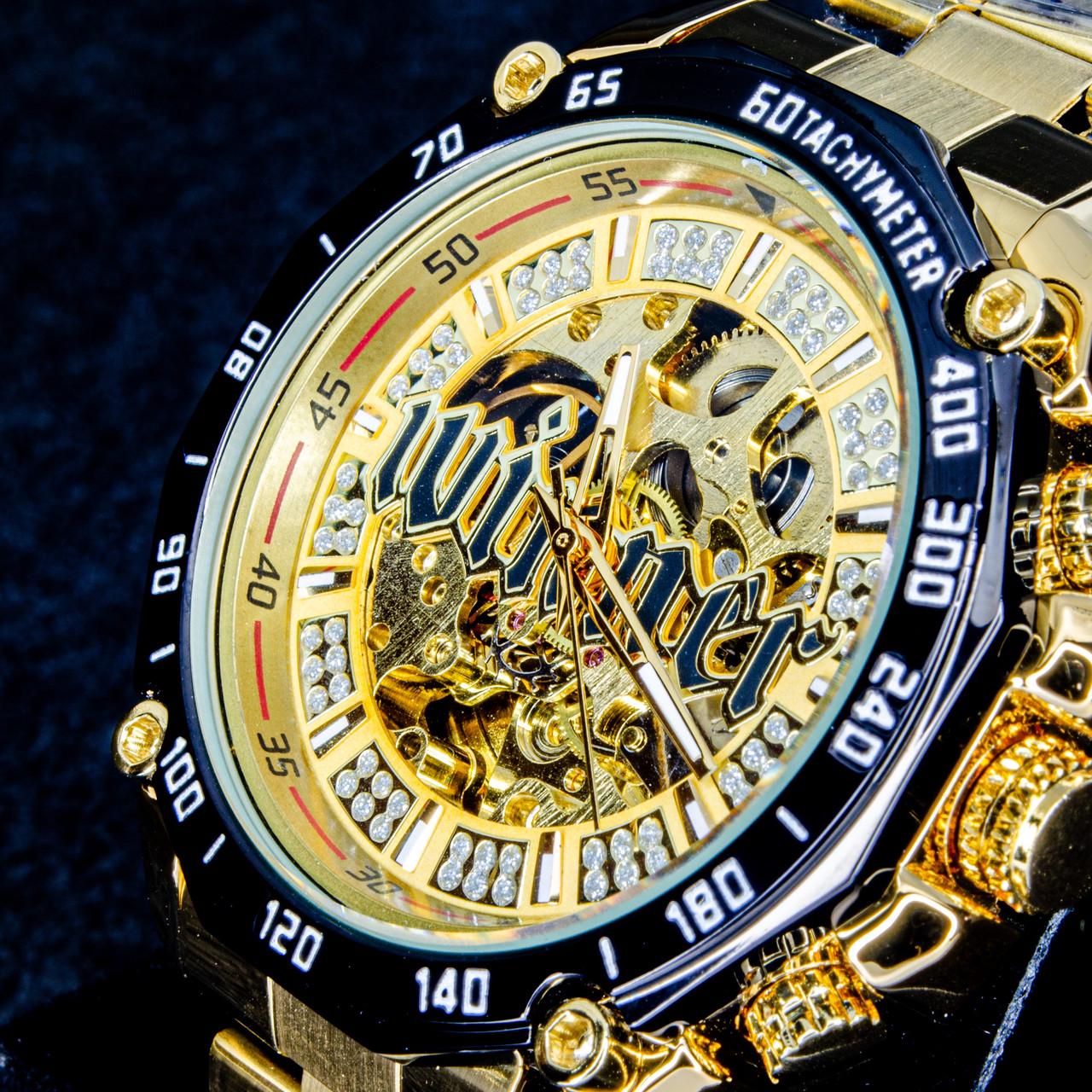 Наручные часы мужские механические Winner 8186 Big Diamond скелетоны с автоподзаводом Gold (1099-0033)