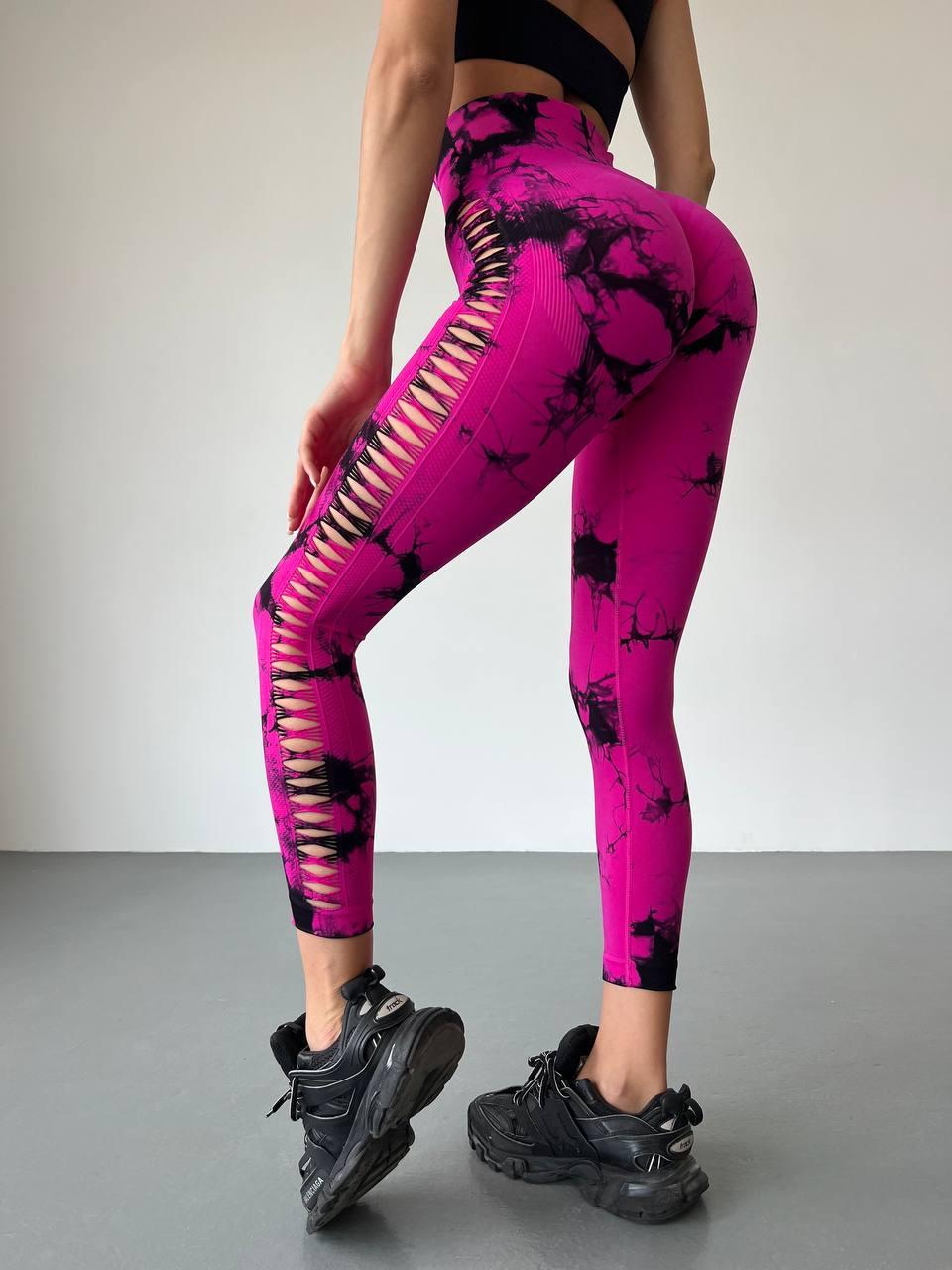 Леггинсы с мраморным принтом и перфорацией L Розовый (KJ05L) - фото 10
