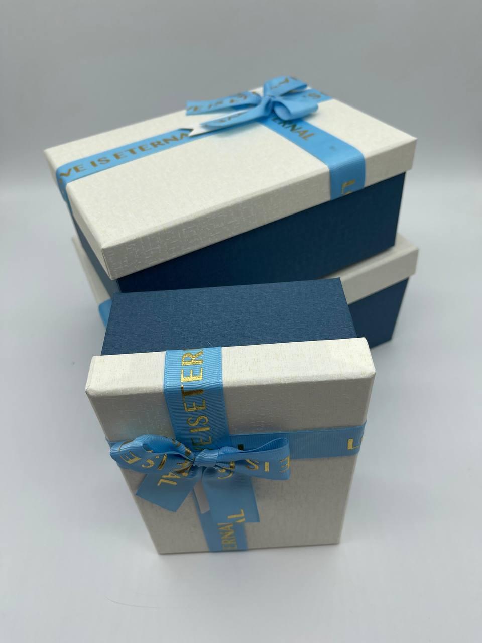Коробка подарочная с крышкой и бантиком 23х16х10/21х14х8/19х12х7 см 3 шт. Белый с синим