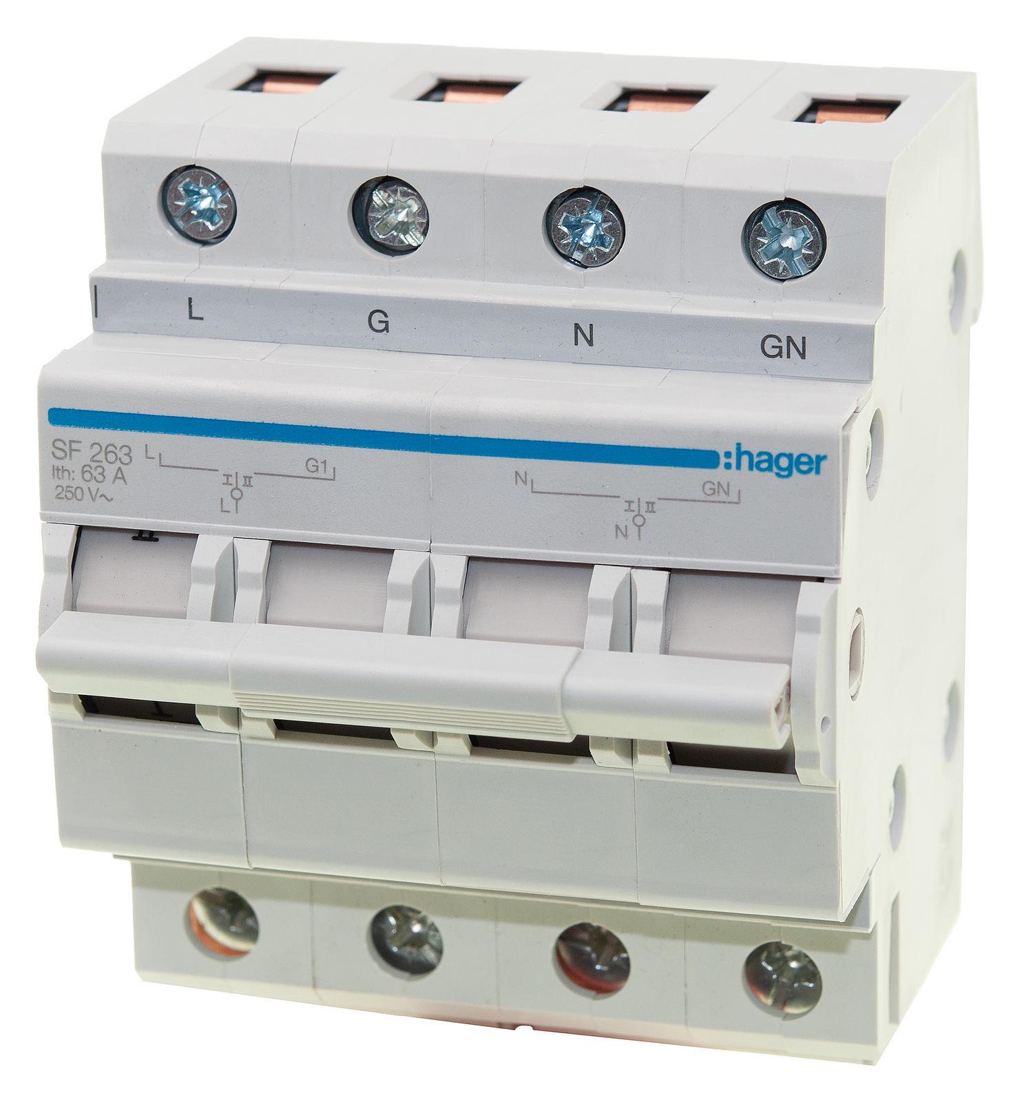 Переключатель ввода резерва Hager 63 А 250 В 1+N 4м (SF263)