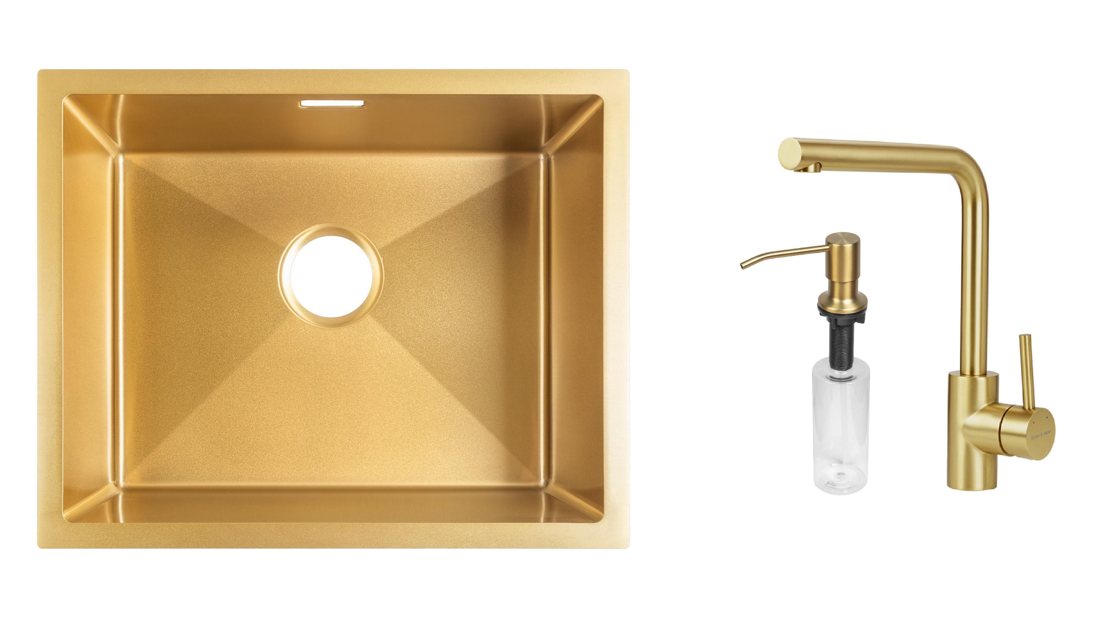 Комплект из кухонной мойки Gunter&Hauer Ruwer 5522 Gold кухонного смесителя Gunter&Hauer JUWEL Gold и дозатора Gunter&Hauer SOAP DISPENSER Gold