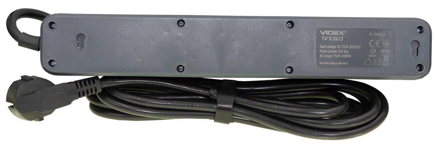 Удлинитель сети VIDEX ONCORD с кнопкой в/в 5п 3 м 3x1,5 мм Black (VF-PD53G-B) - фото 4