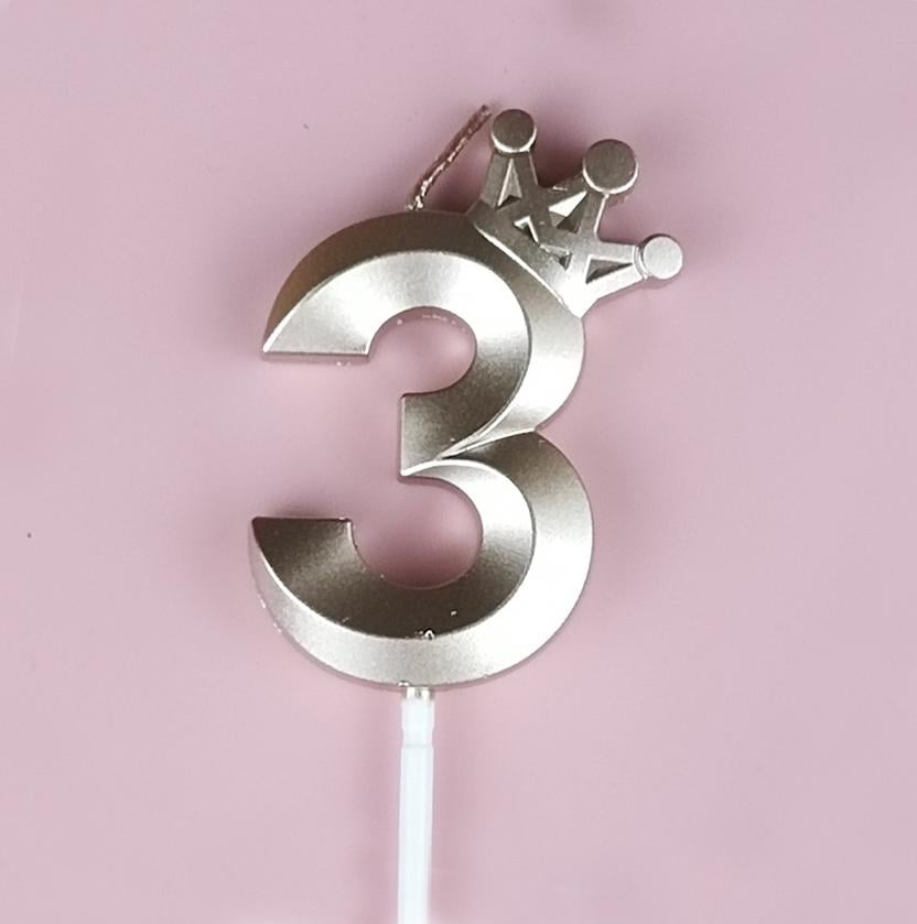 Свічка для торта цифра "3" з короною Рожево-золотий (16530)