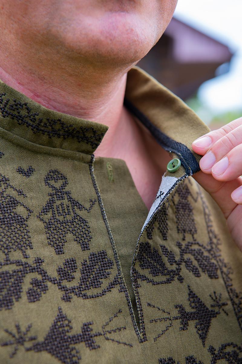 Вышиванка льняная мужская с коротким рукавом 5XL Хаки (1882611215) - фото 2 Вышиванка льняная мужская с коротким рукавом 5XL Хаки (1882611215) - фото 2