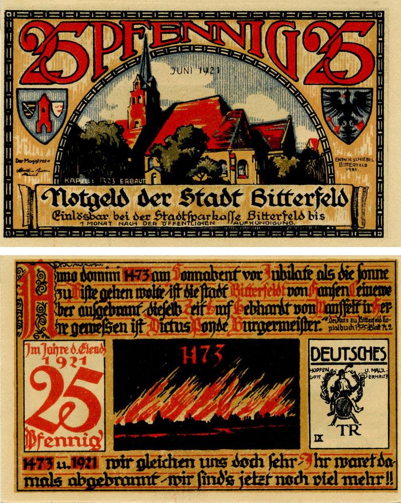 Коллекционная банкнота Германия Нотгельд 25 пфеннигов 1921 F-VF Биттерфельд (Б16166)