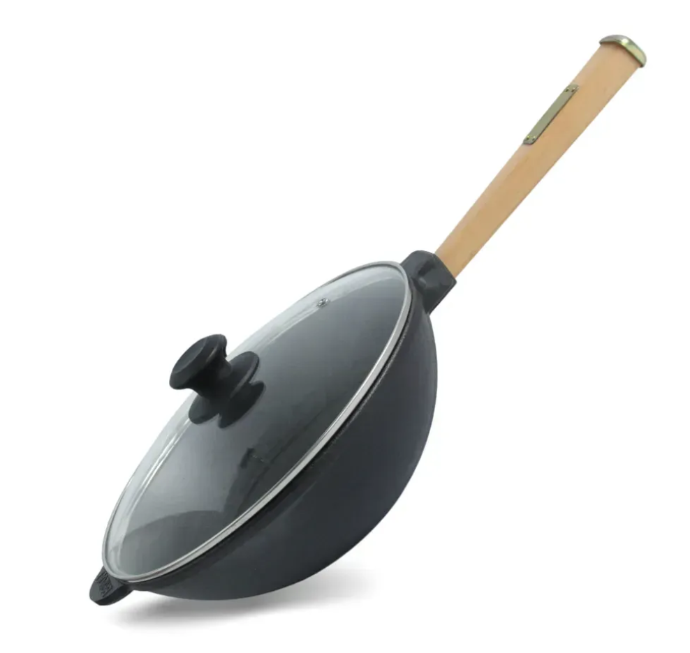 Сковорода чавунна Brizoll WOK 2,2 л з дерев’яною ручкою та скляною кришкою компактна для смаження