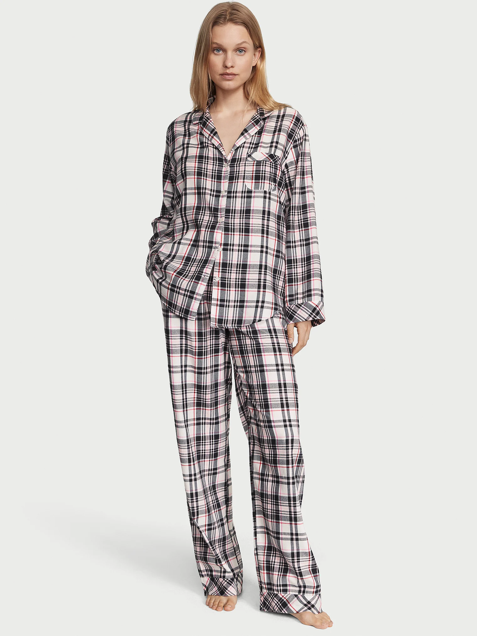 Піжама жіноча фланелева Victoria's Secret Flannel Long Pajama Set S Чорно-білий (15045803)