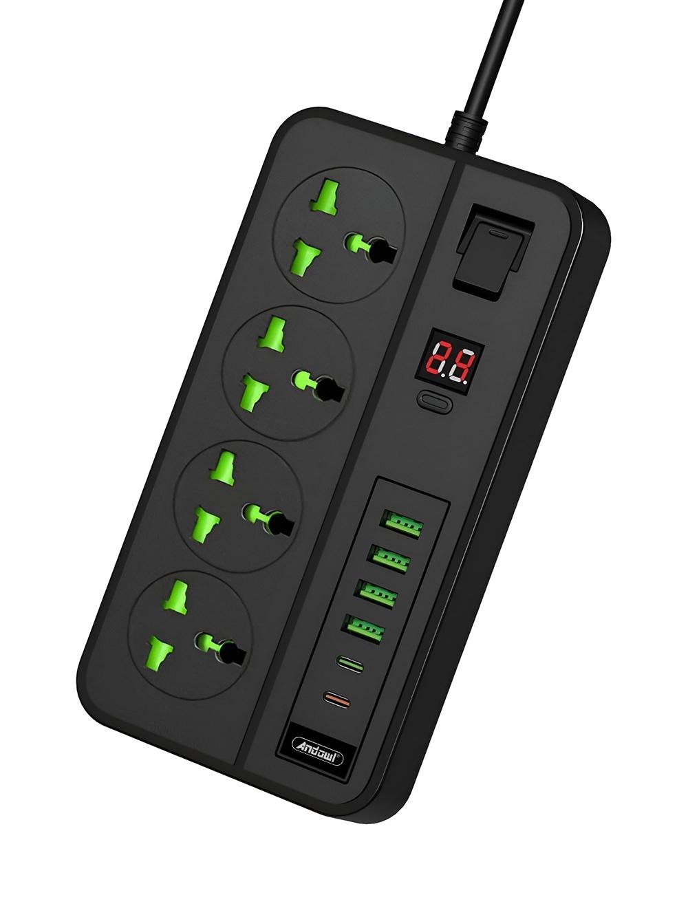 Фильтр сетевой универсальный Andowl Q-PX990X1 10в1 с USB Type-C хабом 3000 Вт для 10 устройств 1,7 м Черный (4ed54a10)